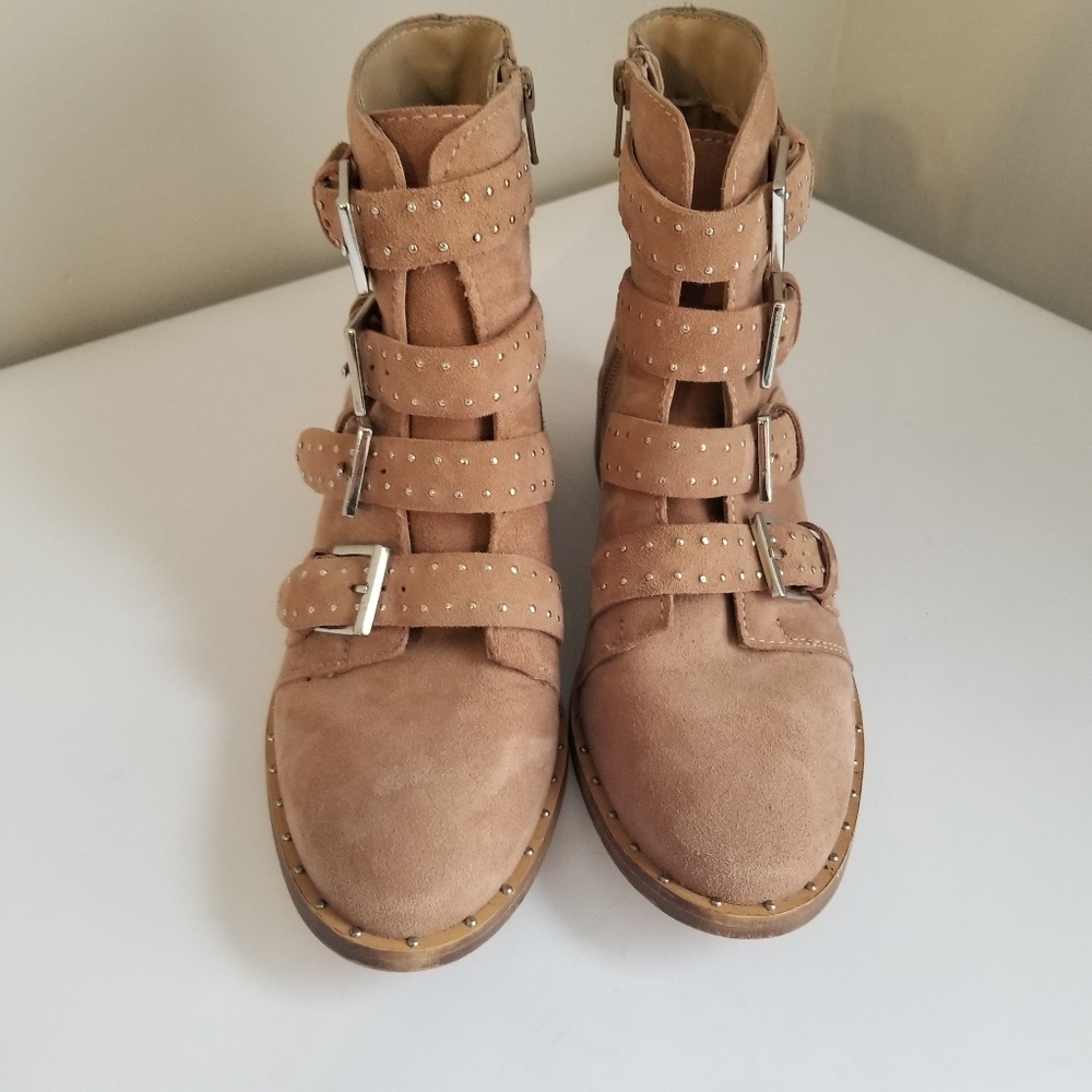 Blush Pink Ankle Boot Studded/Buckled Women's Size 8 Black Suede Studio